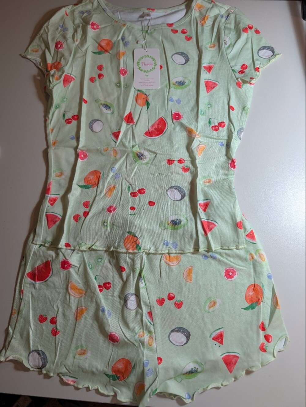 Dressmine Woman's Small Fruit-Print Short Sleeve Lounge Set - Light Green NWT